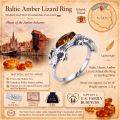 Baltic Honey Amber Lizard Adjustable Ring in Sterling Silver infographic highlighting authentic honey Baltic amber, 925 sterling silver, lizard-inspired adjustable design, handcrafted craftsmanship, ring dimensions, and Made in Gdańsk, Poland heritage.