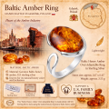Baltic Honey Amber Oval Adjustable Ring in Sterling Silver infographic highlighting authentic honey Baltic amber, 925 sterling silver, oval adjustable design, handcrafted craftsmanship, ring dimensions, and Made in Gdańsk, Poland heritage.