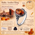 Baltic Honey Amber Oval Ring in Sterling Silver infographic highlighting authentic honey Baltic amber, 925 sterling silver, handcrafted craftsmanship, ring dimensions, and Made in Gdańsk, Poland heritage.