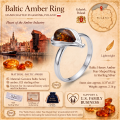 Baltic Honey Amber Pear-Shaped Ring in Sterling Silver infographic highlighting authentic honey Baltic amber, 925 sterling silver, pear-shaped design, handcrafted craftsmanship, ring dimensions, and Made in Gdańsk, Poland heritage.