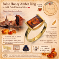 Baltic Honey Amber Ring in Gold-Plated Sterling Silver infographic highlighting authentic honey Baltic amber, gold-plated 925 sterling silver, handcrafted craftsmanship, ring dimensions, and Made in Gdańsk, Poland heritage.