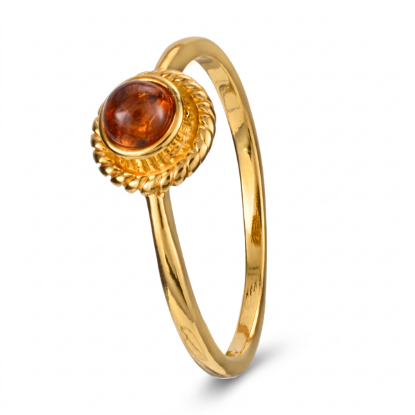 Baltic Honey Amber Ring in Gold-Plated Sterling Silver featuring genuine honey Baltic amber set in polished gold-plated 925 sterling silver, isolated on a white background.