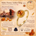 Baltic Honey Amber Ring in Gold-Plated Sterling Silver infographic highlighting authentic honey Baltic amber, gold-plated 925 sterling silver, handcrafted craftsmanship, ring dimensions, and Made in Gdańsk, Poland heritage.