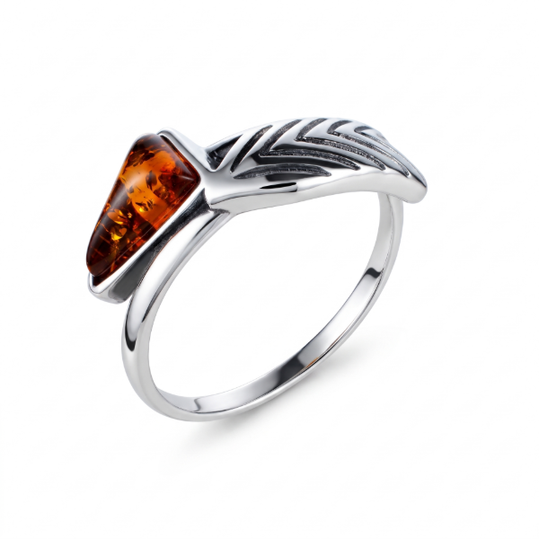 Baltic Honey Amber Ring in Sterling Silver featuring genuine honey Baltic amber set in polished 925 sterling silver, isolated on a white background.