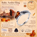 Baltic Honey Amber Ring in Sterling Silver infographic highlighting authentic honey Baltic amber, 925 sterling silver, handcrafted craftsmanship, ring dimensions, and Made in Gdańsk, Poland heritage.