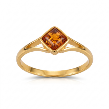 Baltic Honey Amber Square Ring in Gold-Plated Sterling Silver featuring genuine square-shaped honey Baltic amber set in polished gold-plated 925 sterling silver, isolated on a white background.