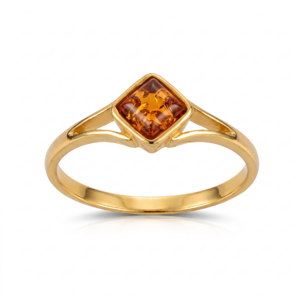 Baltic Honey Amber Square Ring in Gold-Plated Sterling Silver featuring genuine square-shaped honey Baltic amber set in polished gold-plated 925 sterling silver, isolated on a white background.