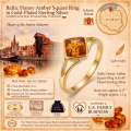 Baltic Honey Amber Square Ring in Gold-Plated Sterling Silver infographic highlighting authentic honey Baltic amber, gold-plated 925 sterling silver, square design, handcrafted craftsmanship, ring dimensions, and Made in Gdańsk, Poland heritage.