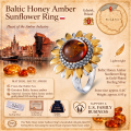 Baltic Honey Amber Sunflower Ring in Gold-Plated Sterling Silver infographic highlighting authentic honey Baltic amber, gold-plated 925 sterling silver, sunflower design, handcrafted craftsmanship, ring dimensions, and Made in Gdańsk, Poland heritage.
