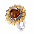 Baltic Honey Amber Sunflower Ring in Gold-Plated Sterling Silver featuring genuine honey Baltic amber set in a polished gold-plated 925 sterling silver sunflower design, isolated on a white background.