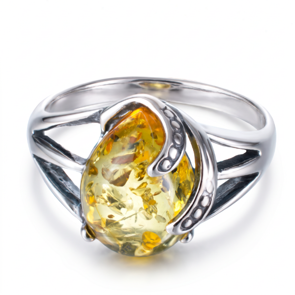 Baltic Lemon Amber Ring in Sterling Silver featuring genuine lemon Baltic amber set in polished 925 sterling silver, isolated on a white background.