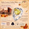 Baltic Lemon Amber Ring in Sterling Silver infographic highlighting authentic lemon Baltic amber, 925 sterling silver, handcrafted craftsmanship, ring dimensions, and Made in Gdańsk, Poland heritage.