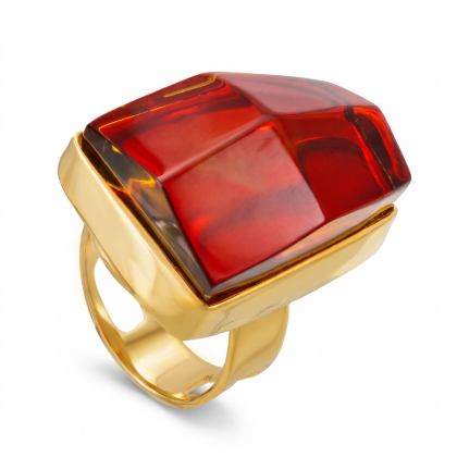 Baltic Red Amber Adjustable Ring in Gold-Plated Sterling Silver featuring genuine red Baltic amber set in polished gold-plated 925 sterling silver, isolated on a white background.
