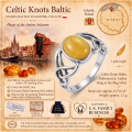 Celtic Knots Baltic Butterscotch Amber Ring in Sterling Silver infographic highlighting authentic butterscotch Baltic amber, 925 sterling silver, Celtic knot design, handcrafted craftsmanship, ring dimensions, and Made in Gdańsk, Poland heritage.