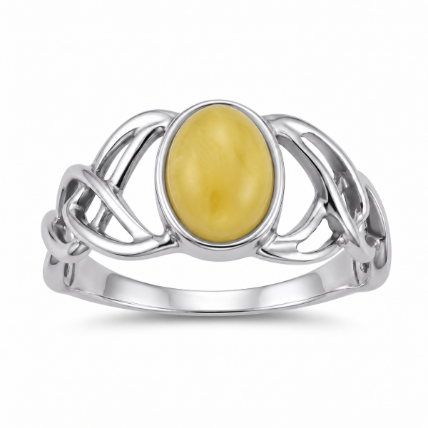 Celtic Knots Baltic Butterscotch Amber Ring in Sterling Silver featuring genuine butterscotch Baltic amber set in a polished 925 sterling silver Celtic knot design, isolated on a white background.