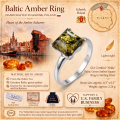 GIA Certified Nelda Baltic Green Amber Square Ring in Sterling Silver infographic highlighting authentic green Baltic amber, GIA certification, 925 sterling silver, square design, handcrafted craftsmanship, ring dimensions, and Made in Gdańsk, Poland heritage.