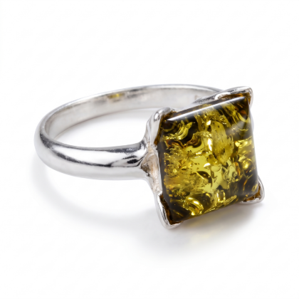 GIA Certified Nelda Baltic Green Amber Square Ring in Sterling Silver featuring genuine square-shaped green Baltic amber set in polished 925 sterling silver, isolated on a white background.
