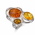 Multicolor Baltic Amber Adjustable Ring in Sterling Silver featuring genuine multicolor Baltic amber gemstones set in polished 925 sterling silver, isolated on a white background.