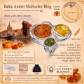Multicolor Baltic Amber Adjustable Ring in Sterling Silver infographic highlighting authentic multicolor Baltic amber, 925 sterling silver, adjustable design, handcrafted craftsmanship, ring dimensions, and Made in Gdańsk, Poland heritage.