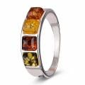 Multicolor Baltic Amber Ring in Sterling Silver featuring genuine multicolor Baltic amber gemstones set in polished 925 sterling silver, isolated on a white background.