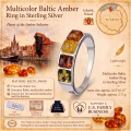Multicolor Baltic Amber Ring in Sterling Silver infographic highlighting authentic multicolor Baltic amber, 925 sterling silver, handcrafted craftsmanship, ring dimensions, and Made in Gdańsk, Poland heritage.