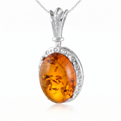 Ana Baltic Honey Amber Oval Pendant in Sterling Silver featuring genuine oval-shaped honey Baltic amber set in polished 925 sterling silver, isolated on a white background.