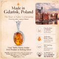 Ana Baltic Honey Amber Oval Pendant in Sterling Silver infographic highlighting authentic honey Baltic amber, 925 sterling silver, handcrafted craftsmanship, pendant dimensions, and Made in Gdańsk, Poland heritage.