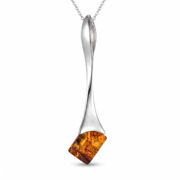 Baltic Honey Amber Pendant in Sterling Silver featuring genuine honey Baltic amber set in polished 925 sterling silver, isolated on a white background.