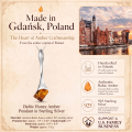 Baltic Honey Amber Pendant in Sterling Silver infographic highlighting authentic honey Baltic amber, 925 sterling silver, handcrafted craftsmanship, pendant dimensions, and Made in Gdańsk, Poland heritage.