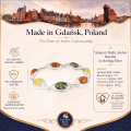 Autumn Baltic Amber Bracelet in Sterling Silver infographic highlighting authentic Baltic amber, 925 sterling silver, handcrafted craftsmanship, bracelet dimensions, and Made in Gdańsk, Poland heritage.
