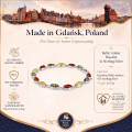 Baltic Amber Bracelet in Sterling Silver infographic highlighting authentic Baltic amber, 925 sterling silver, handcrafted craftsmanship, bracelet dimensions, and Made in Gdańsk, Poland heritage.