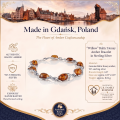 Willow Baltic Honey Amber Bracelet in Sterling Silver infographic highlighting authentic honey Baltic amber, 925 sterling silver, handcrafted craftsmanship, bracelet dimensions, and Made in Gdańsk, Poland heritage.
