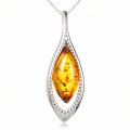 Baltic Honey Amber Pendant in Sterling Silver featuring genuine honey Baltic amber set in polished 925 sterling silver, isolated on a white background.
