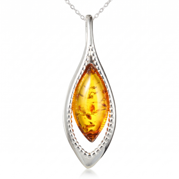 Baltic Honey Amber Pendant in Sterling Silver featuring genuine honey Baltic amber set in polished 925 sterling silver, isolated on a white background.