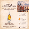 Baltic Honey Amber Pendant in Sterling Silver infographic highlighting authentic honey Baltic amber, 925 sterling silver, handcrafted craftsmanship, pendant dimensions, and Made in Gdańsk, Poland heritage.