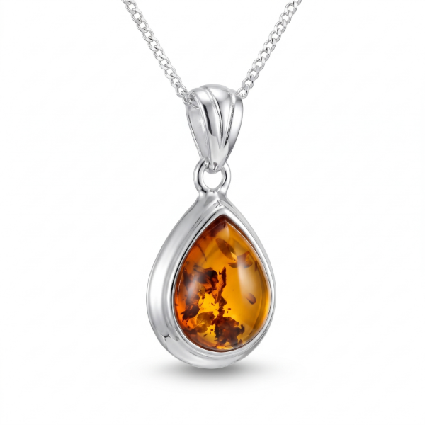 Baltic Honey Amber Pear-Shaped Pendant in Sterling Silver featuring genuine pear-shaped honey Baltic amber set in polished 925 sterling silver, isolated on a white background.