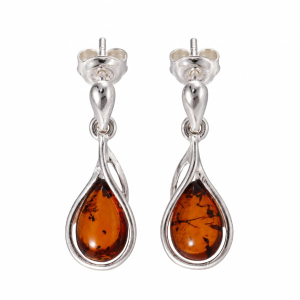 Alessia Baltic Honey Amber Stud Earrings in Sterling Silver featuring genuine honey Baltic amber gemstones set in polished 925 sterling silver, isolated on a white background.