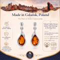 Alessia Baltic Honey Amber Stud Earrings in Sterling Silver infographic highlighting authentic honey Baltic amber, 925 sterling silver, stud earring design, handcrafted craftsmanship, earring dimensions, and Made in Gdańsk, Poland heritage.