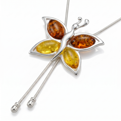 Butterfly Baltic Honey Amber Necklace in Sterling Silver featuring genuine honey Baltic amber set in a polished 925 sterling silver butterfly design, isolated on a white background.