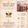 Butterfly Baltic Honey Amber Necklace in Sterling Silver infographic highlighting authentic honey Baltic amber, 925 sterling silver, butterfly design, handcrafted craftsmanship, necklace dimensions, and Made in Gdańsk, Poland heritage.