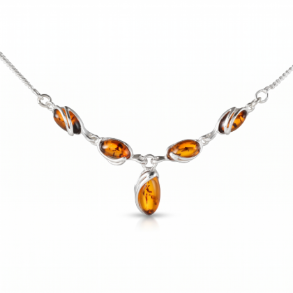 Gemma Baltic Honey Amber Necklace in Sterling Silver featuring genuine honey Baltic amber set in polished 925 sterling silver, isolated on a white background.