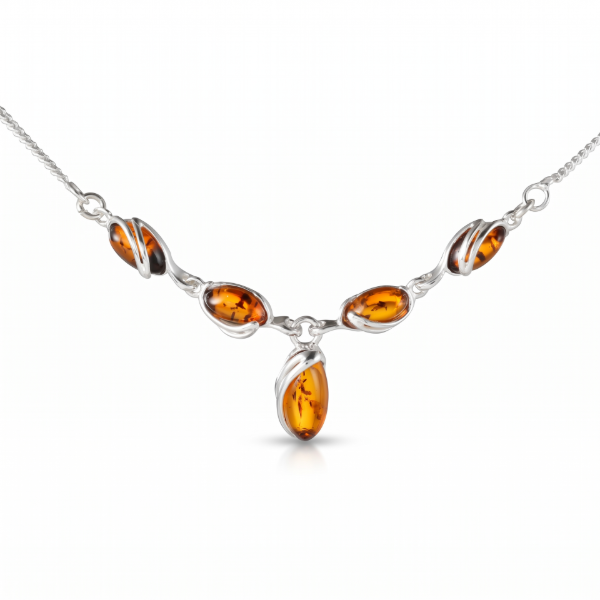 Gemma Baltic Honey Amber Necklace in Sterling Silver featuring genuine honey Baltic amber set in polished 925 sterling silver, isolated on a white background.
