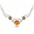 Multicolor Baltic Amber Heart Necklace in Sterling Silver featuring genuine multicolor Baltic amber gemstones set in a polished 925 sterling silver heart design, isolated on a white background.