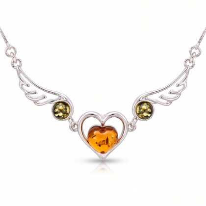 Multicolor Baltic Amber Heart Necklace in Sterling Silver featuring genuine multicolor Baltic amber gemstones set in a polished 925 sterling silver heart design, isolated on a white background.