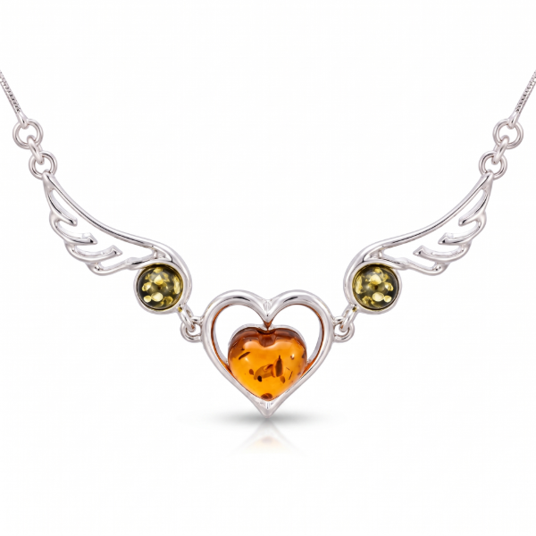 Multicolor Baltic Amber Heart Necklace in Sterling Silver featuring genuine multicolor Baltic amber gemstones set in a polished 925 sterling silver heart design, isolated on a white background.