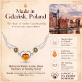 Multicolor Baltic Amber Heart Necklace in Sterling Silver infographic highlighting authentic multicolor Baltic amber, 925 sterling silver, heart design, handcrafted craftsmanship, necklace dimensions, and Made in Gdańsk, Poland heritage.