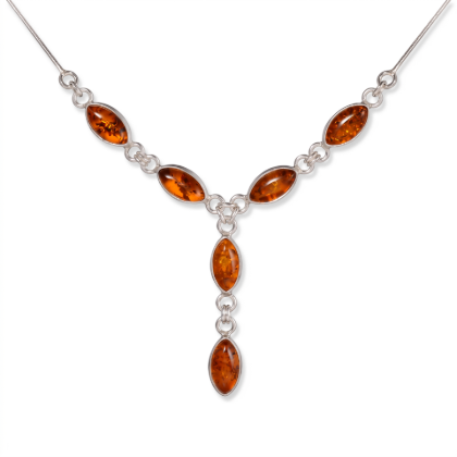 Maja Baltic Honey Amber Necklace in Sterling Silver featuring genuine honey Baltic amber set in polished 925 sterling silver, isolated on a white background.