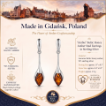 Ambie Baltic Honey Amber Stud Earrings in Sterling Silver infographic highlighting authentic honey Baltic amber, 925 sterling silver, stud earring design, handcrafted craftsmanship, earring dimensions, and Made in Gdańsk, Poland heritage.