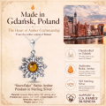 Snowflake Baltic Amber Pendant in Sterling Silver infographic highlighting authentic Baltic amber, 925 sterling silver, snowflake design, handcrafted craftsmanship, pendant dimensions, and Made in Gdańsk, Poland heritage.