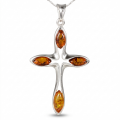 Baltic Honey Amber Cross Pendant Necklace in Sterling Silver featuring genuine honey Baltic amber set in a polished 925 sterling silver cross design, isolated on a white background.